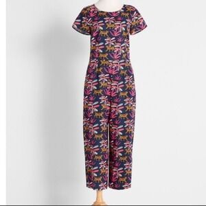ModCloth Cat floral Print Jumpsuit size S navy pockets linen‎ navy summer party